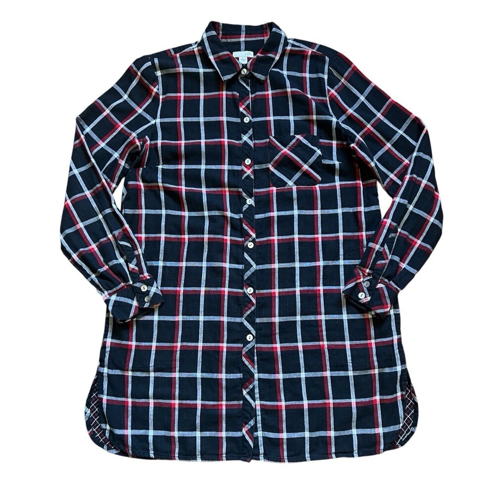 J JILL Black Red White Plaid Tunic Top Cotton Button Up Pockets Preppy Women's S